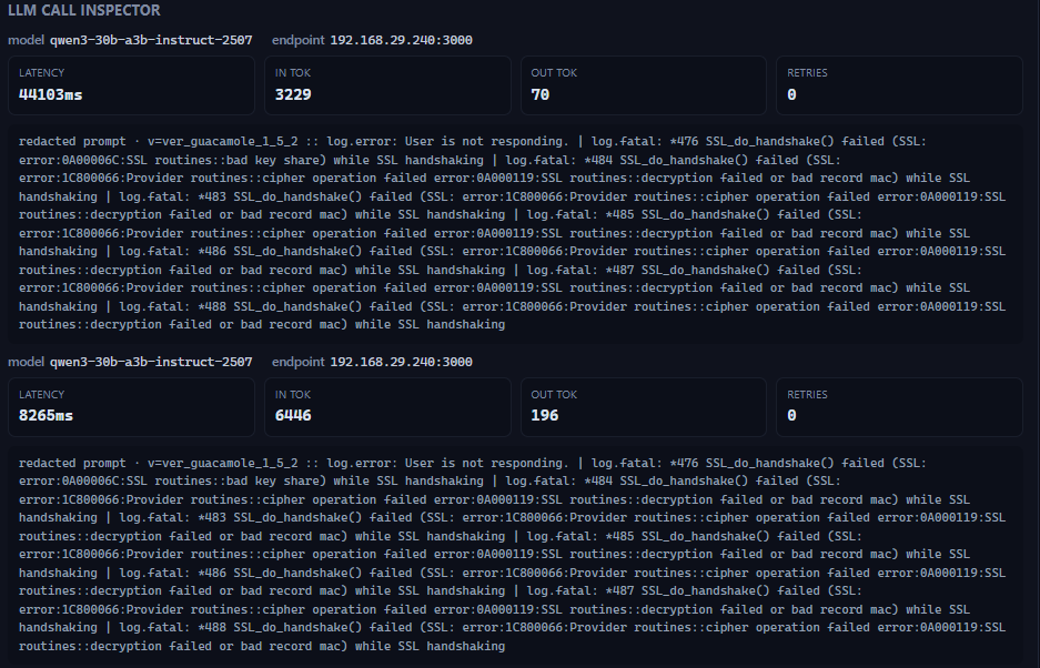 The LLM call inspector, showing two model calls made during a run. Each records the model (qwen3-30b-a3b-instruct-2507), the local endpoint, latency, input and output token counts, retry count, and the redacted prompt that was sent.