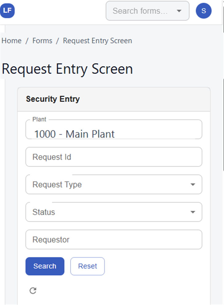 A React screen generated from a legacy form definition, with fields, a Material-styled layout, validation and a bound results grid.