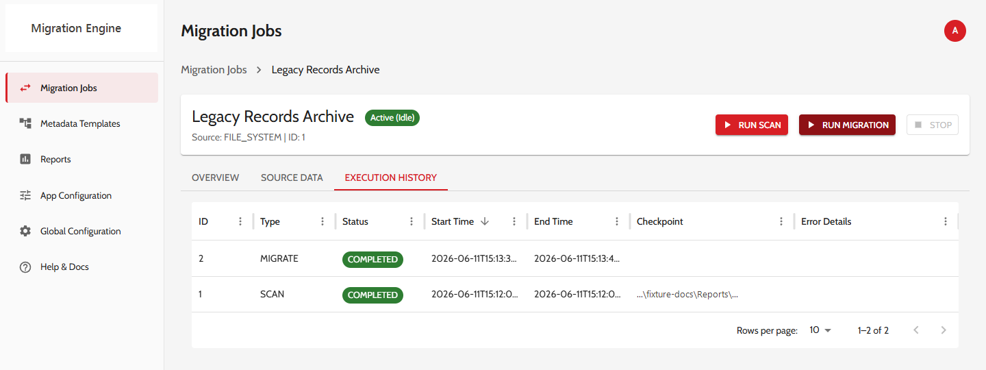 The execution history view, listing each scan and transfer run with its status, timing and checkpoint.